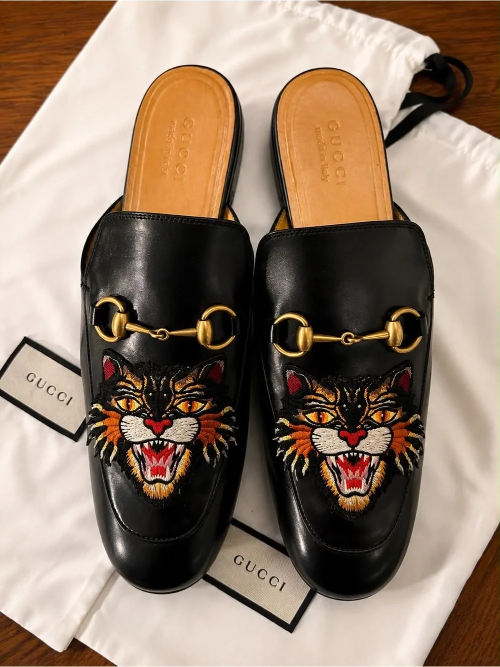 Authentic Gucci Princetown Tiger Embroidered Leather Mules Horsebit